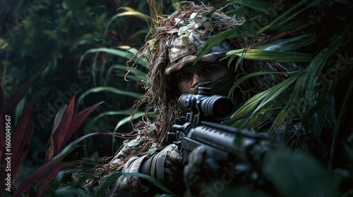 Sniper unit camouflaged in dense jungle terrain during covert mission inaccessible military scene
