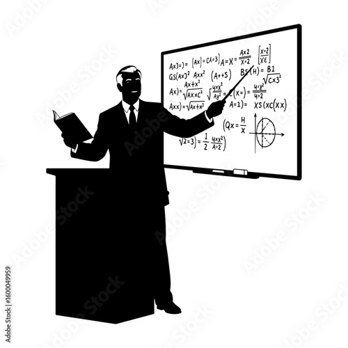 Male Math Teacher Silhouette Explaining Formulas at Whiteboard – Education Concept Illustration