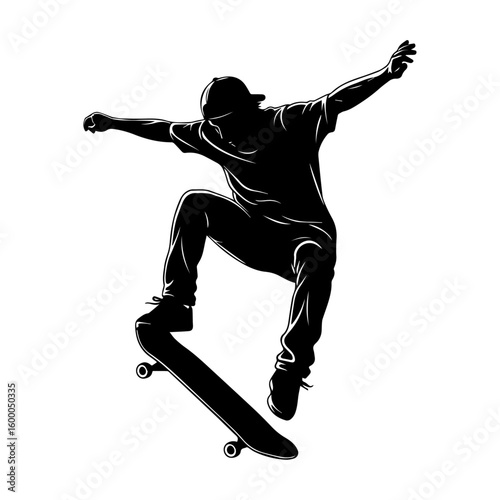 Skateboarder Performing Trick Silhouette – Extreme Sports Jump Action Vector Illustration