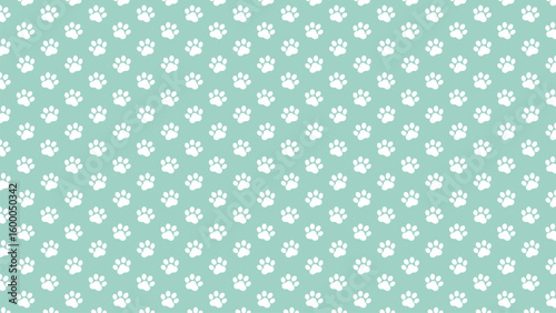 White paw print seamless pattern on a soft mint green background. Peaceful vector for pet themes