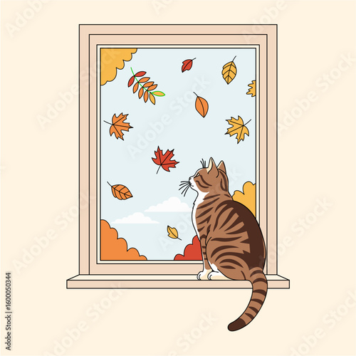 Cat Watching Falling Autumn Leaves from the Window