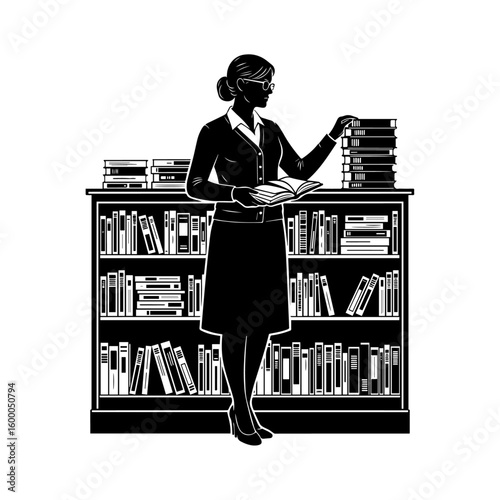 Librarian Woman Silhouette with Bookshelf – Library Professional Vector Illustration