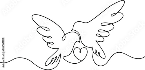 Pigeons with a heart one continuous line drawing. Bird symbol of peace, love and freedom in simple linear style. Valentine Day. Vector outline illustration for banner, brochure, poster