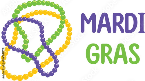 Mardi Gras carnival party Illustration with beads in traditional colors. Vector item festival for web banner or landing page in flat cartoon hand drawn templates