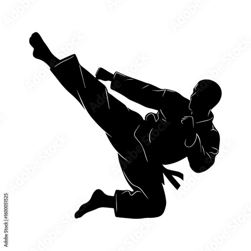 Martial Artist Performing High Kick Silhouette – Karate Action Vector