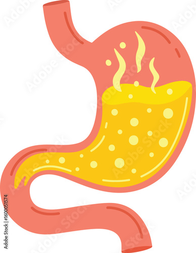 Human stomach. Gastritis and acid reflux, indigestion, vomiting, heartburn and stomach pain problems. Unhealthy stomach concept. Heartburn, illness, discomfort, pain. Flat vector illustration