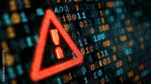 Warning symbol on digital screen with binary code background  