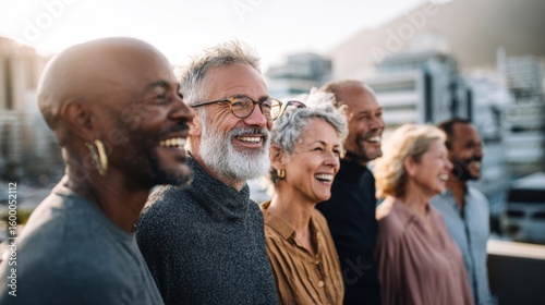 Diverse group of happy middle-aged seniors enjoying outdoor city skyline view.