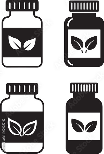 Four pill bottles with leaf icons silhouette