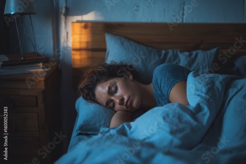 Peaceful woman sleeping resting in cozy bedroom with soft lighting and blue bedding.