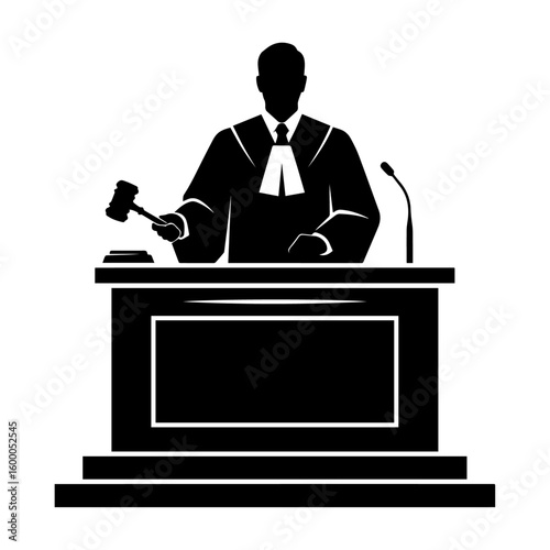 Judge at Courtroom Bench Holding Gavel - Legal Justice Vector Illustration