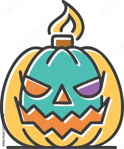 Spooky Cartoon Jack O Lantern Halloween Pumpkin Icon With Fiery Top