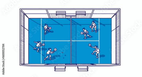 Top view of a blue padel court with athletes competing in a doubles match. A vector illustration of the popular racket sport.