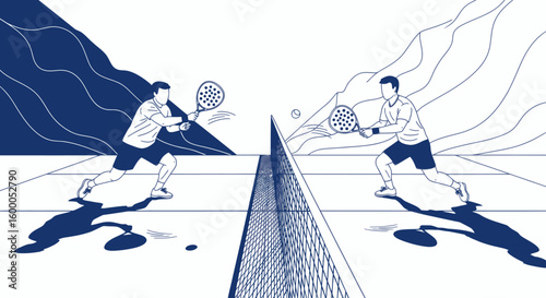 A dynamic vector illustration of a padel match, showcasing two male players in a competitive game with modern line art.