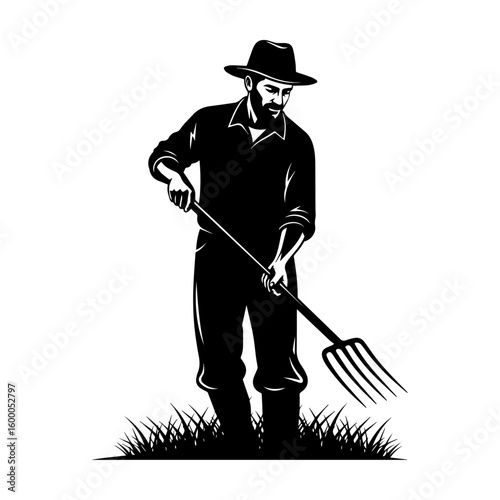 Farmer Silhouette Holding Pitchfork in Field - Black and White Illustration