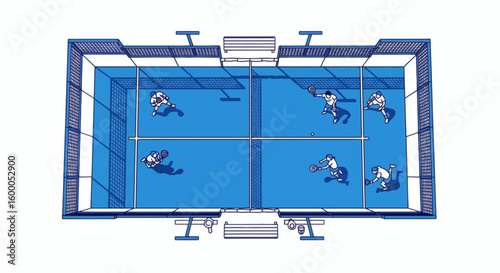 Top view of a blue padel court with athletes competing in a doubles match. A vector illustration of the popular racket sport.