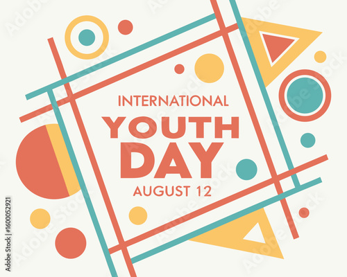 vibrant geometric vector layout with bold shapes for international youth day august 12, suitable for branding, web, or modern promo use.