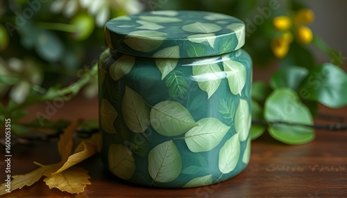 Forest Leaves Jar A jar box covered in delicate forest leaf patt