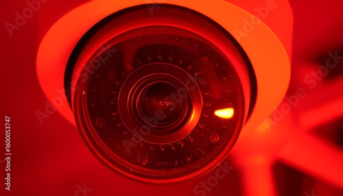 A security camera lens captured in infrared showcasing the devic