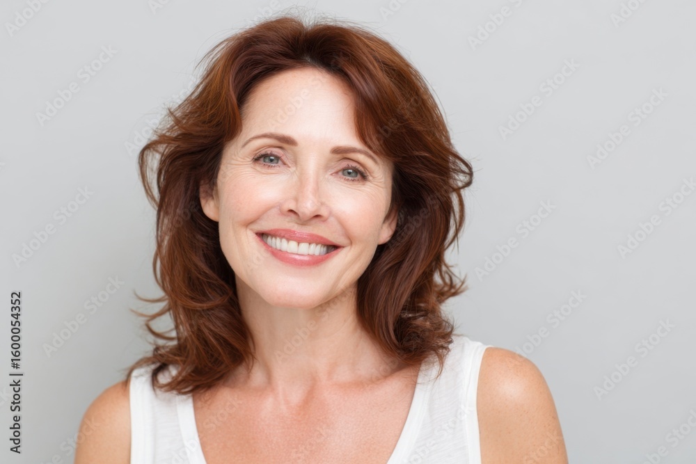 Fototapeta premium Friendly smiling mature woman with shoulder-length wavy hair wearing casual white top.