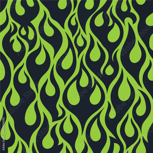 A striking seamless pattern featuring stylized lime green flames against a deep charcoal background, offering a dynamic and energetic visual.