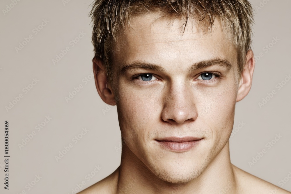 Obraz premium Close up portrait of a young adult man with short blond hair and blue eyes facing camera.