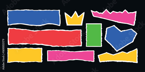 Colorful torn paper shapes, including a crown and heart, create a playful collage