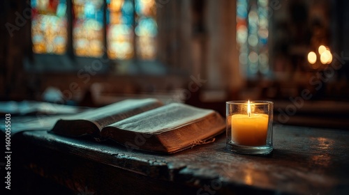 Warm candle and open book on wooden table inside historic church during evening.