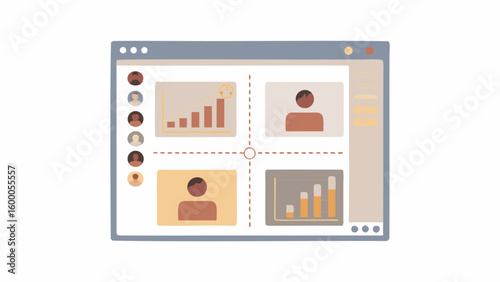 Illustration of a video conference interface with charts and participant profiles displayed online meeting