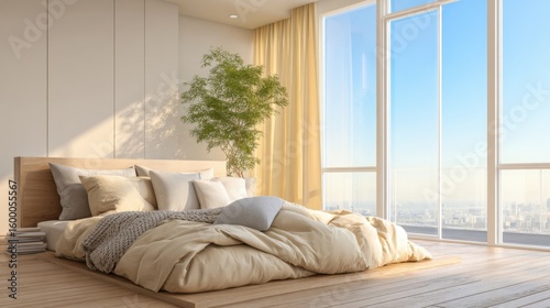 Bright modern bedroom with large floor-to-ceiling windows overlooking city view.
