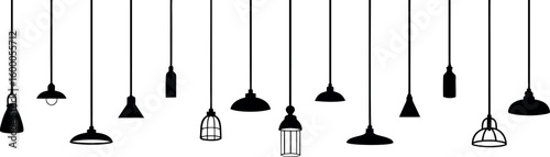 Hanging lamp silhouettes create a modern lighting fixture element graphic