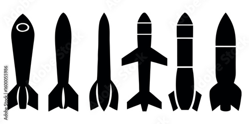 Six black missile silhouettes stand in a row, showing different rocket