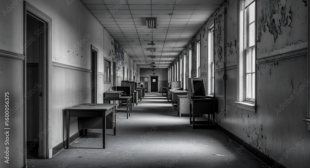 Fototapeta premium Eerie monochrome school hallway scene with empty desks and aged walls