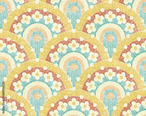Seamless vector pattern. Embroidered floral fans in pastel and warm tones. Traditional craft-inspired motif with fine stitched texture. Vector Illustration.