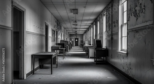 Eerie monochrome school hallway scene with empty desks and aged walls