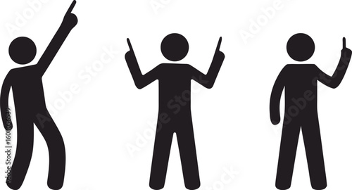 Three stick figures point upwards, showing direction or making a presentation