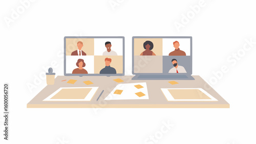 Illustration of a desk with two monitors showing a video conference with multiple participants