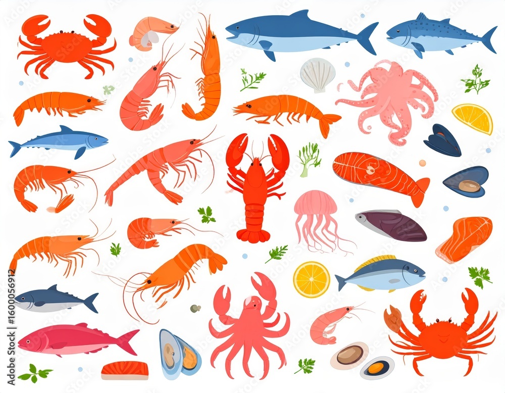Fototapeta premium vector illustration of fresh sea food set collection