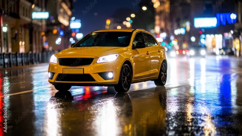 Yellow Car Driving On Wet City Street at Night.