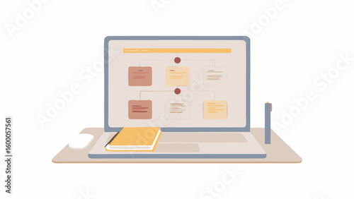 Illustration of a laptop displaying a flowchart, accompanied by a notebook and a stylus on a desk