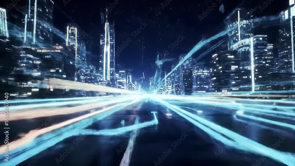 Futuristic Cityscape with High-Speed Digital Light Trails and Modern Skyscrapers at Night