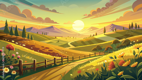 Golden sunlight brushes over rolling hills, dotted with blooming wildflowers, rustic fences, and winding trails. A dreamy semi-realistic landscape that whispers peace and rural charm beneath a soft sk