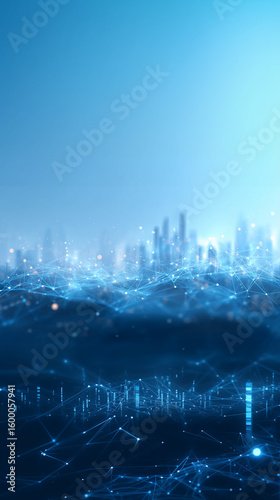 Abstract blue business communication, connected dots, network lines, glowing blue tech grid, tech city