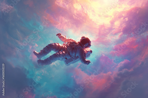Lone astronaut floats in vivid multicolor nebula, surreal reflections, glowing stars, dreamlike