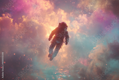 Lone astronaut floats in vivid multicolor nebula, surreal reflections, glowing stars, dreamlike