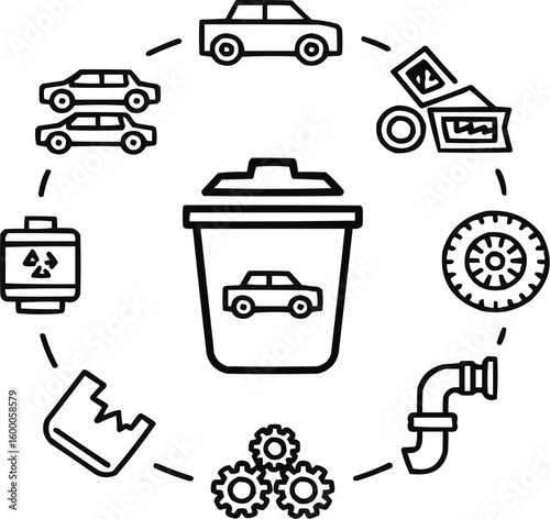Auto Recycling and Junkyard Icons – Minimal Line Art of Scrapped Car Parts