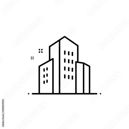 Minimalist line art illustration of a modern city skyline with geometric buildings, conveying a sense of urban development and architectural design on white backdrop.
