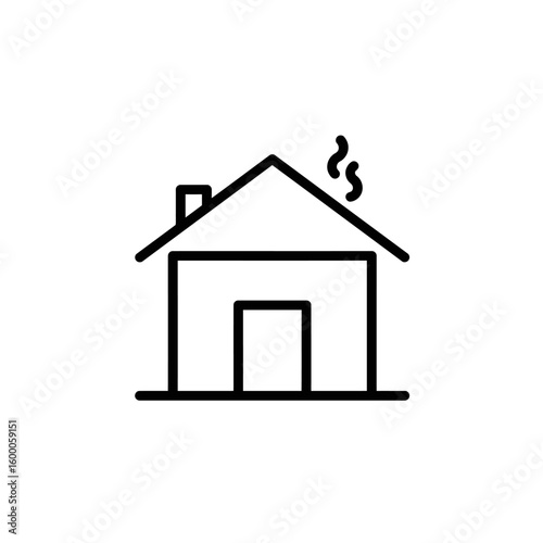 Simple line art icon representing a house with smoke coming from the chimney, symbolizing home and warmth.