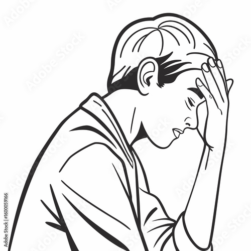 Man with hand on forehead in despair head in hands
