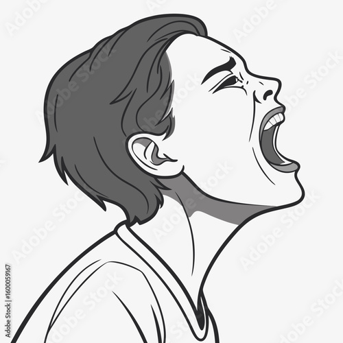 Man screaming with mouth wide open in grayscale mouth open